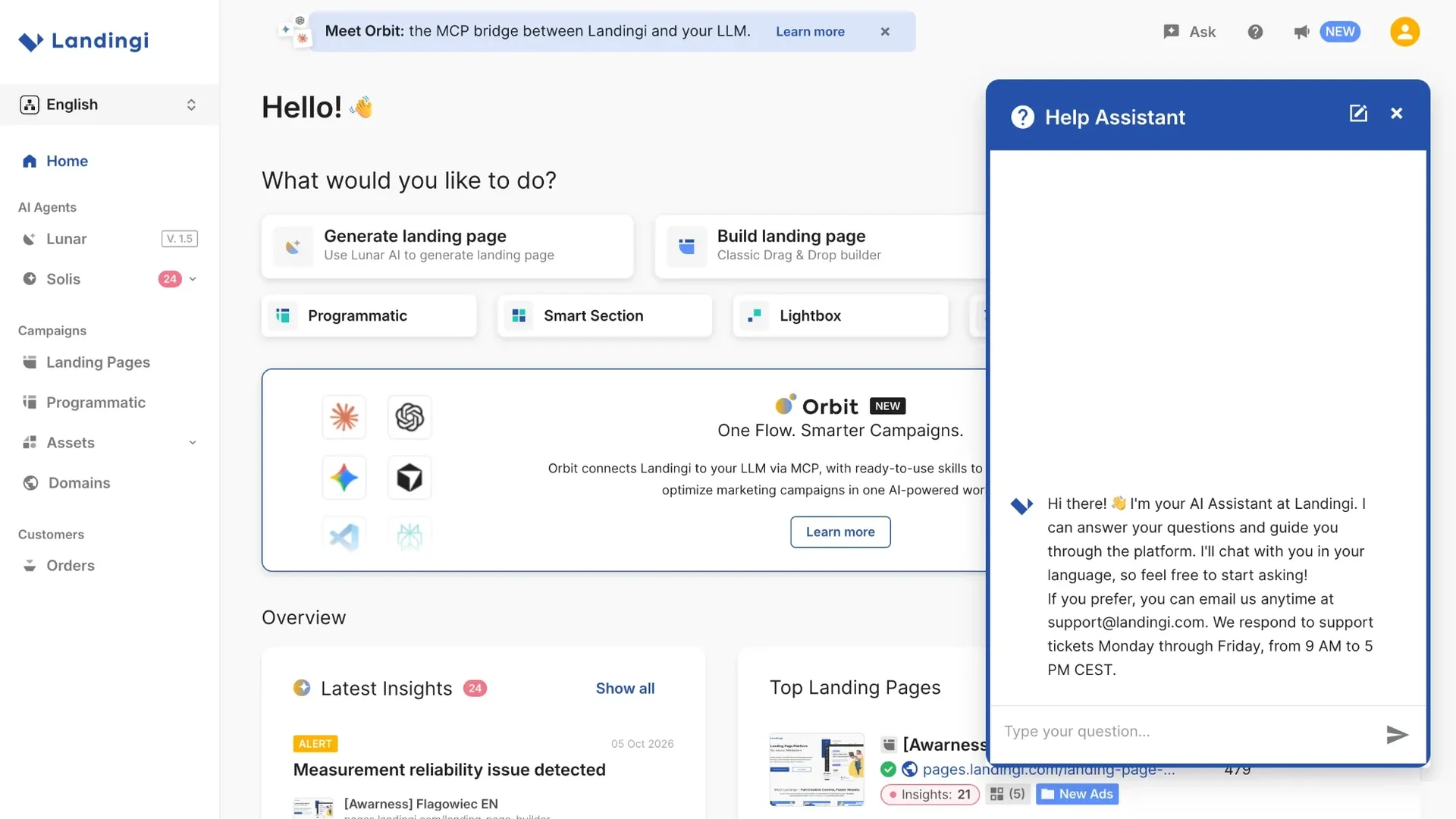 Okno Help Assistant otwarte nad dashboardem Landingi