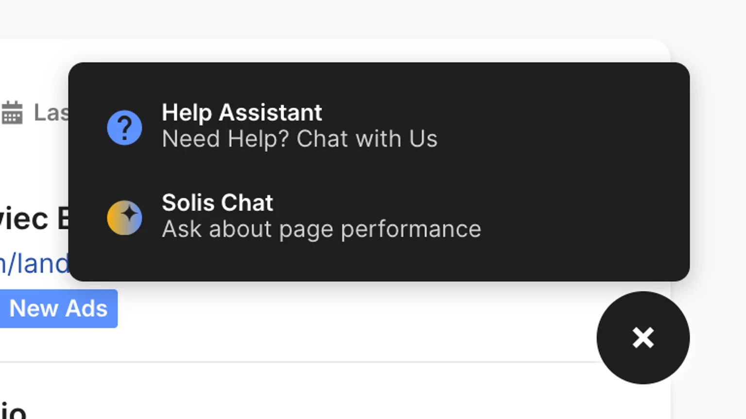 Menu wyboru między Help Assistant a czatem Solis