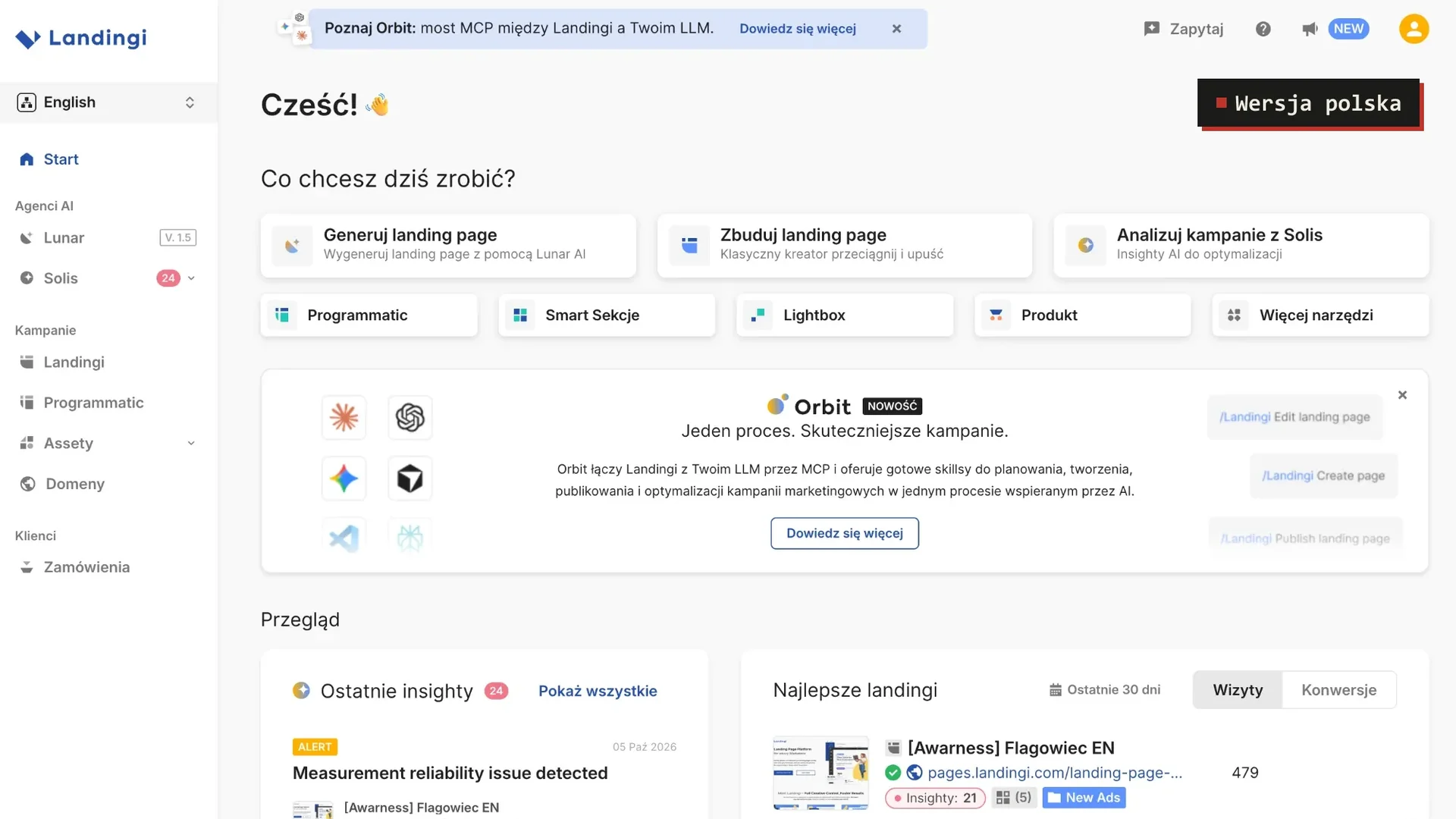 Dashboard Landingi w polskiej wersji językowej