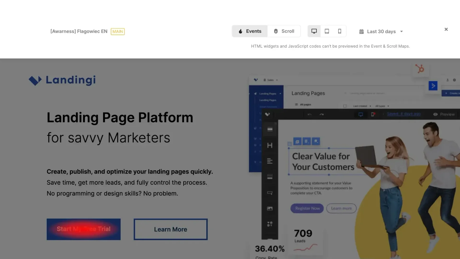 Mapa kliknięć na sekcji hero landing page'a