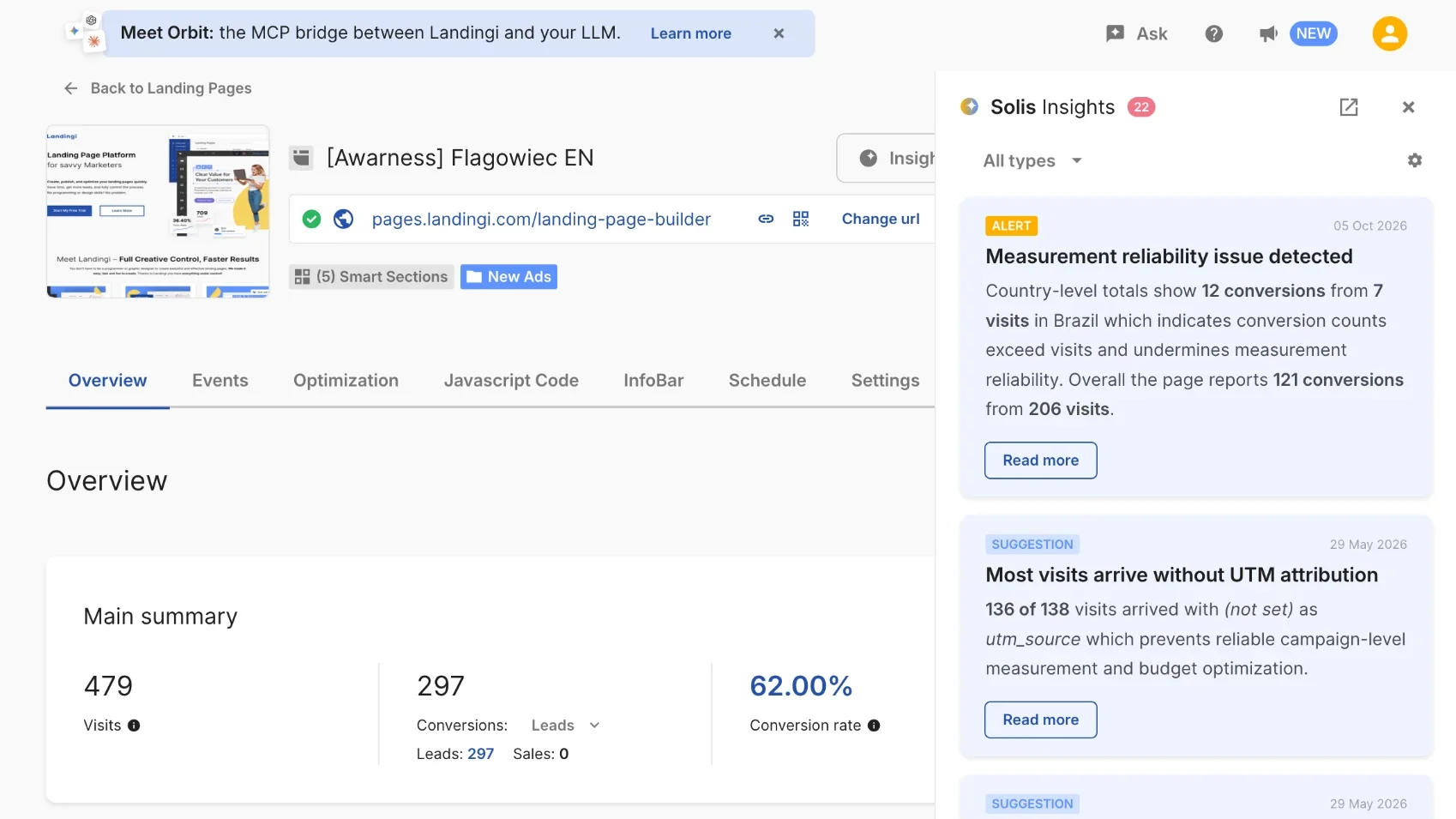 Panel Solis Insights obok statystyk landing page'a