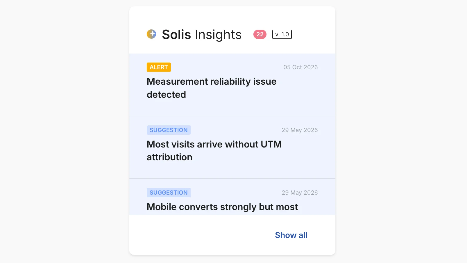 Widget Solis Insights z najnowszymi alertami i sugestiami